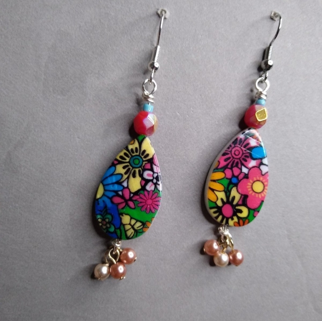 Mod Colorful Floral 70s Style Drop Earrings